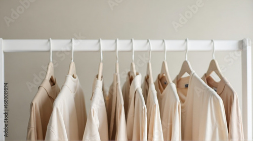 A close-up view of several beige and cream-colored shirts and tops hanging on a white wooden clothes rail against a pale beige wall.