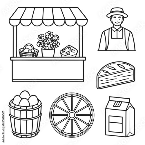 Illustration of a farmer at a market stall with eggs bread milk and a wheel in black and white line art