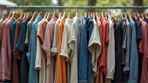 A row of various colorful shirts and tops hang on wooden hangers on a metal rack outdoors.