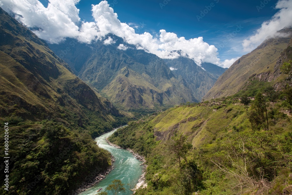 Fototapeta premium Mountainous River Valley Landscape In Green Foliage