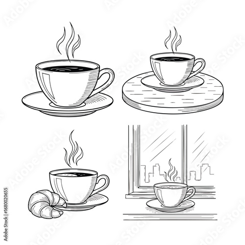 A collection of four handdrawn coffee cup illustrations in a black and white sketch style with rising steam.