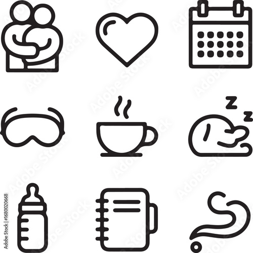 Parenting and Mental Health Outline Icons Set Family Hug, Heart, Calendar, Sleep Mask, Coffee Cup, Baby Bottle, Journal, and Stress Relief Symbols