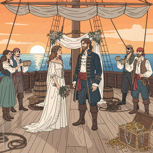 A pirate captain and his bride exchange vows on a ship's deck at sunset, surrounded by their crew, with a treasure chest overflowing with gold.