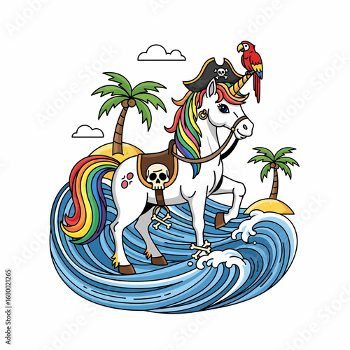 Cartoon illustration of a pirate unicorn with a parrot standing on its head, riding a wave near palm trees.
