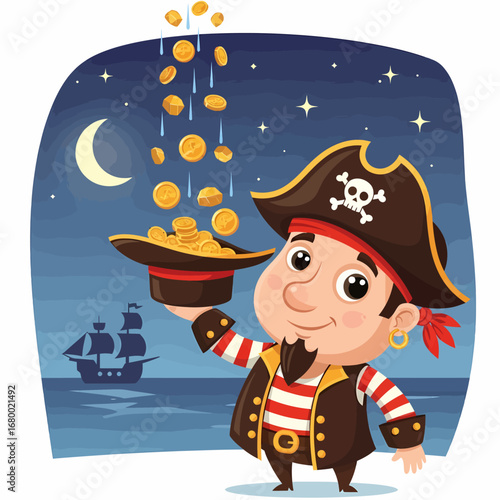 A cheerful cartoon pirate in a hat and striped shirt catches falling gold coins in his hat under a starry night sky with a crescent moon and a ship at sea.