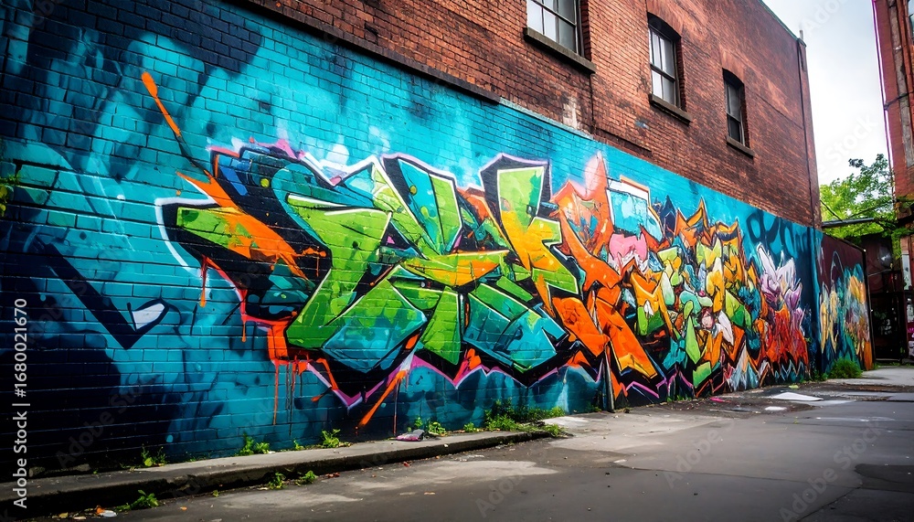 Obraz premium Vibrant Graffiti Art Adorning Urban Brick Wall in Back Alley Environment