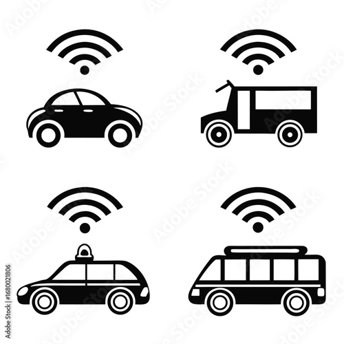 Four black vehicles with wifi signals including a car bus police car and ambulance icons 100c