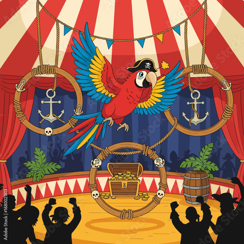 A colorful parrot wearing a pirate hat flies above a treasure chest in a circus ring.