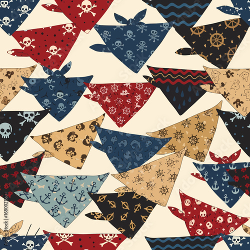 Seamless pattern featuring various pirate-themed bandanas with skulls, anchors, ships' wheels, and nautical elements on a light background.