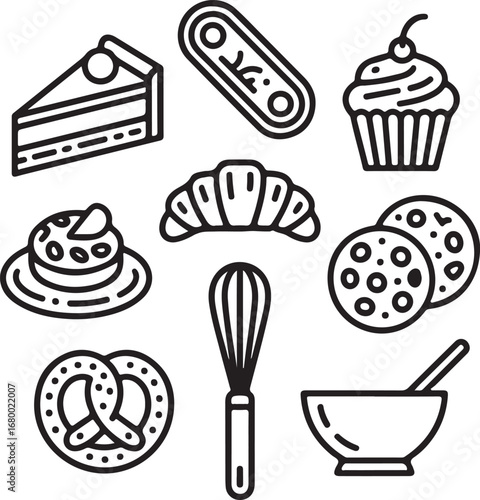 Pastry Shop Vector Icons Collection Cheesecake Slice, Eclair, Cupcake, Croissant, Cookie with Chips, Pretzel, Whisk, and Mixing Bowl