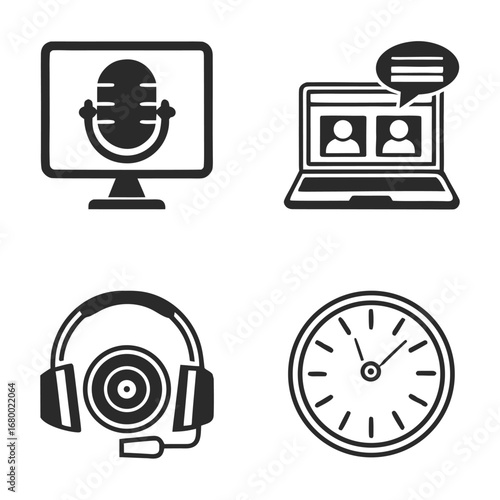 Illustration of a computer with a microphone, laptop, headphones and a clock face icon set