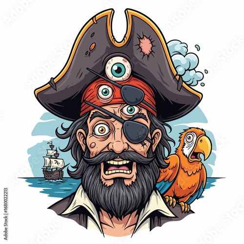 A whimsical cartoon illustration of a bearded pirate captain wearing a tricorne hat with an eye, an eyepatch, a bandana, with a squawking parrot on his shoul...