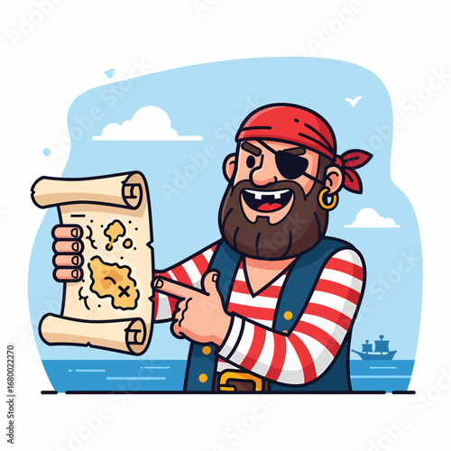 A cheerful pirate with a beard and eye patch points to a treasure map showing an island with an "X" marking the spot, set against a backdrop of the sea and sky.