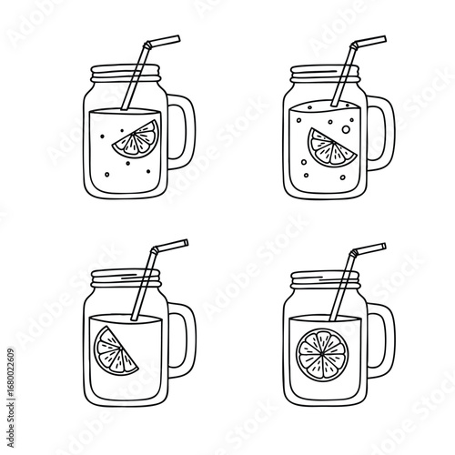 A set of black and white doodle illustrations of refreshing citrus drinks in mason jar mugs.