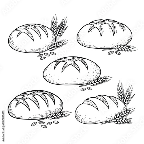 A handdrawn set of five round bread loaves with wheat ears in a black and white sketch style.