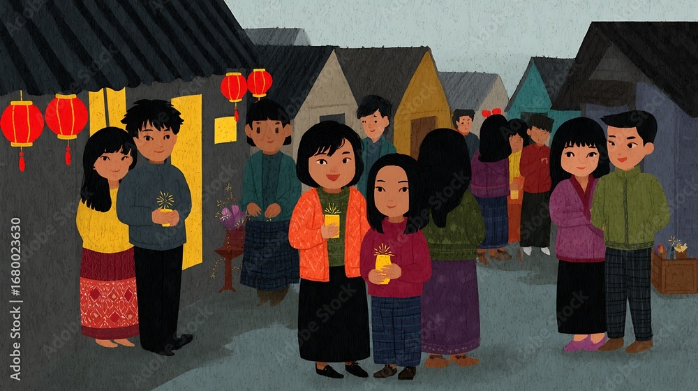 Obraz premium Festive Gathering Asian Community Celebrates with Lanterns in a Village at Dusk.