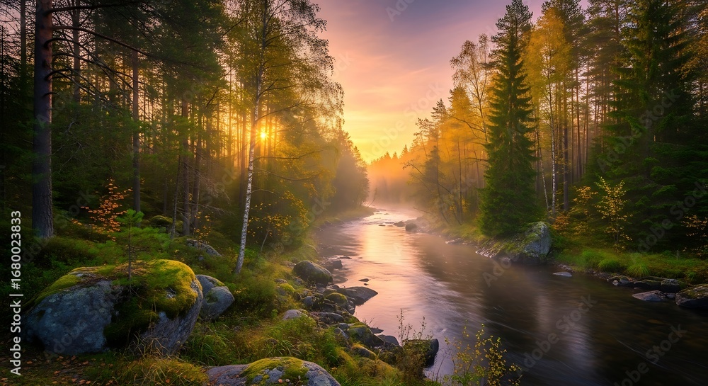 Obraz premium Golden Sunrise Over Misty Forest River.