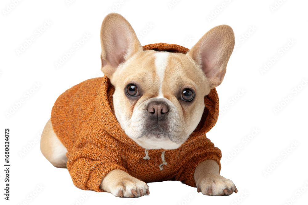 Fototapeta premium French Bulldog in Orange Hoodie Sweater on Transparent Background