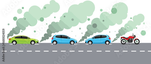 Air pollution, vehicle emissions, traffic smog, urban environment, exhaust smoke, climate impact, road pollution, environmental damage, toxic fumes, transportation crisis