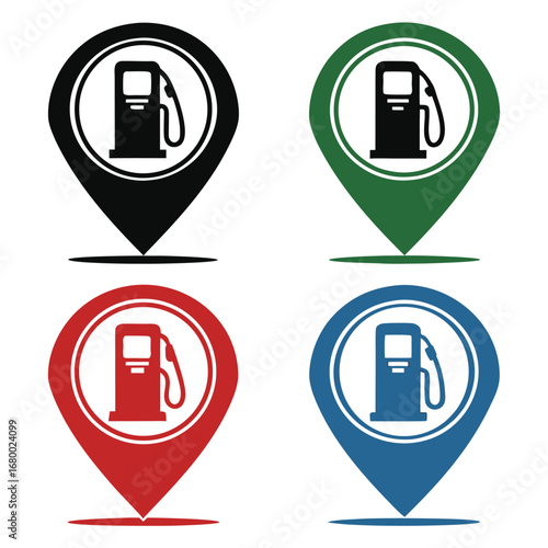 Gas station location pin icons in black green red and blue showing fuel pump symbol for navigation