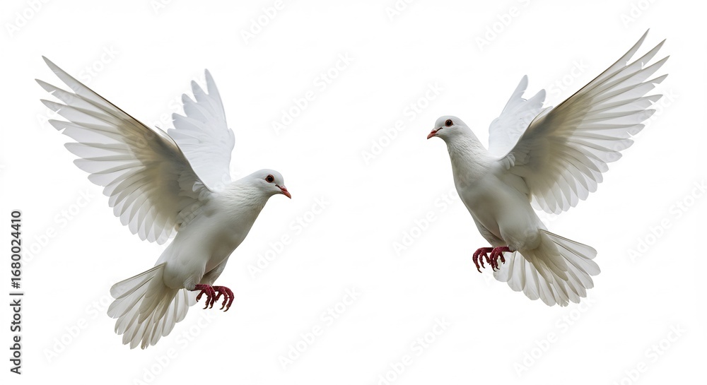 Obraz premium Two white doves gracefully soar against bright studio light. AI Generated