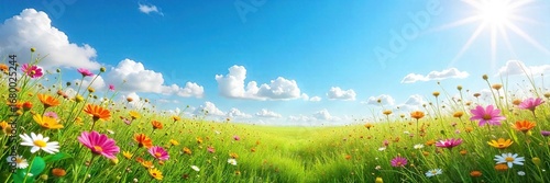 A vibrant summer meadow bursting with wildflowers under a bright blue sky Sun-drenched grasses sway gently in the breeze, creating a picturesque scene of natural beauty , beauty, picturesque, sun