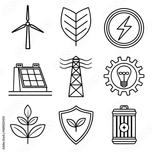 Illustration showing renewable energy sources and environmental conservation symbols icons