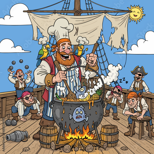Jolly pirate chef stirs a bubbling cauldron of stew aboard his ship, surrounded by a crew of mischievous buccaneers.
