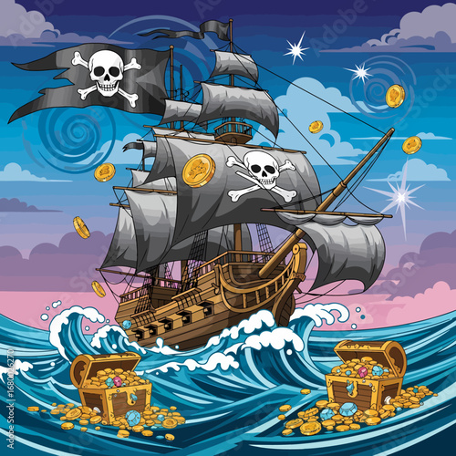 A cartoon pirate ship with Jolly Roger sails navigates a wavy sea with treasure chests overflowing with gold.