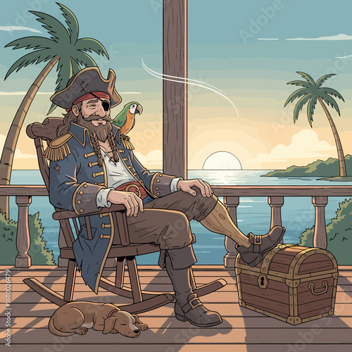A relaxed pirate captain with an eyepatch sits in a rocking chair on a tropical porch, accompanied by his parrot and dog, watching the sunset over the ocean.