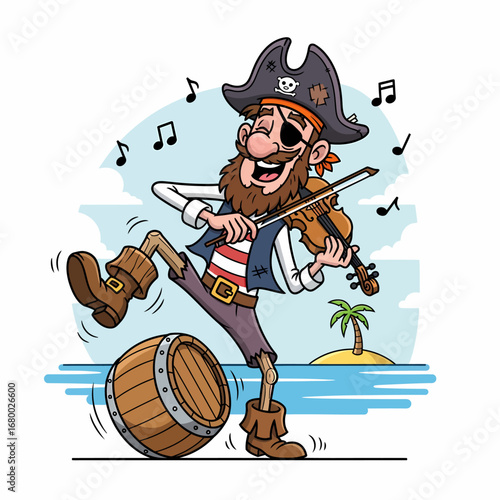 Cartoon pirate playing violin and dancing near a barrel on a tropical island.