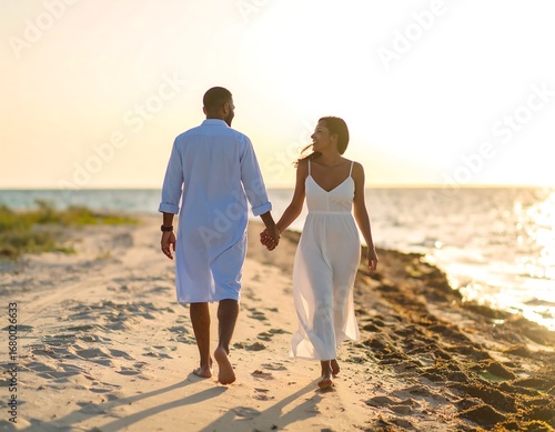 Couple walking barefoot on beach at sunset