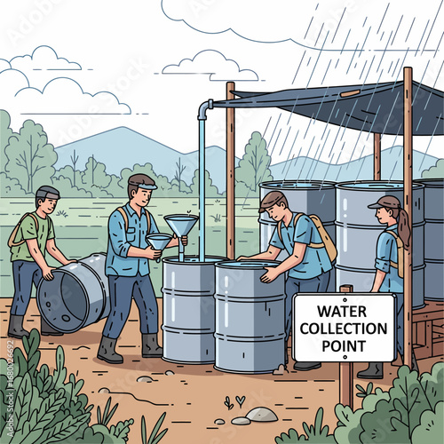Community rainwater harvesting during a downpour, people collecting and storing water in barrels.