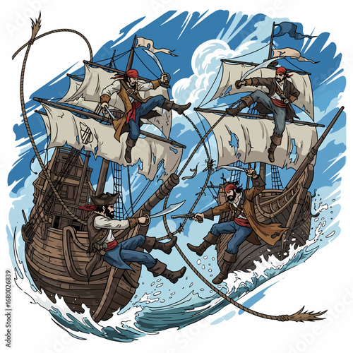 Swashbuckling pirates clash aboard their galleons, engaging in fierce sword fight amidst stormy seas.