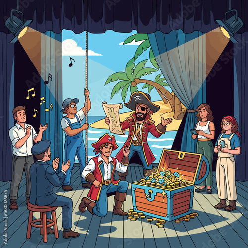 A theatrical pirate treasure scene unfolds on stage, showcasing actors, crew, and a treasure chest overflowing with gold coins.