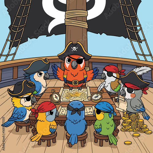 A crew of colorful cartoon parrots dressed as pirates planning their next adventure around a treasure map on a ship's deck.