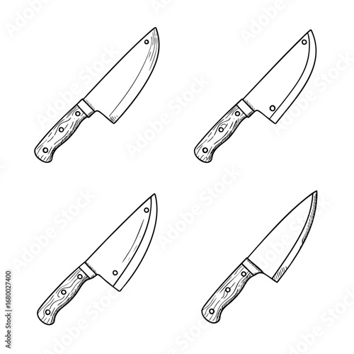 A set of four handdrawn chefs knives with wooden handles and rivets.