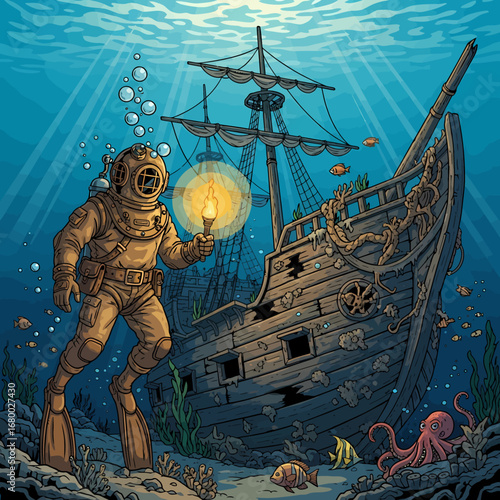 An old-fashioned deep-sea diver explores a sunken wooden shipwreck on the ocean floor, illuminating the scene with a glowing lantern amidst marine life.