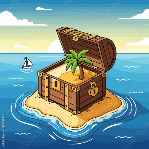 An open wooden treasure chest sits on a tiny tropical island, containing sand and a small palm tree, surrounded by blue ocean water under a cloudy sky.