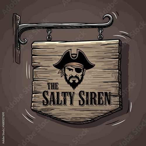 Wooden tavern sign featuring a pirate illustration and the establishment's name, "The Salty Siren".