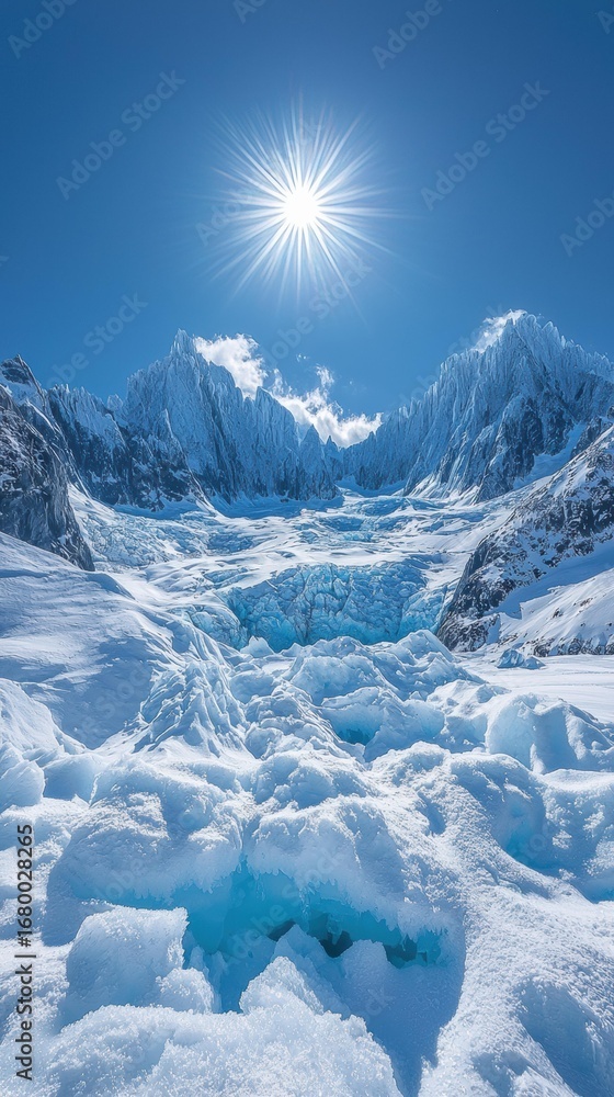Obraz premium Glacier view with snow-capped mountains under a clear blue sky with a bright sun. AI.