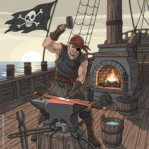 A one-eyed pirate blacksmith forges a sword aboard his ship at sunset.