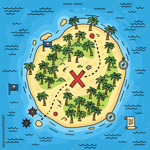 A cartoon treasure map of a tropical pirate island with a red X marking the spot for buried treasure.