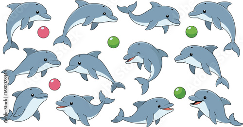 Cartoon dolphins playing with colorful balls, cute marine animals, ocean fun illustration, kids activity design, educational sea life drawing, playful scene