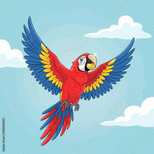 A vibrant scarlet macaw with outstretched wings soars gracefully through a bright blue sky dotted with fluffy white clouds.