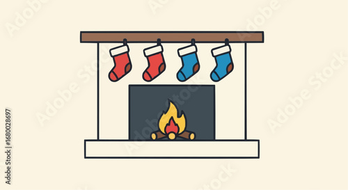 Christmas 2025  cozy christmas fireplace with hanging stockings vector illustration holiday season design element graphic vector