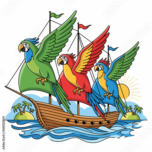 Three colorful parrots with outstretched wings act as sails on a wooden ship sailing on wavy blue water near tropical islands.