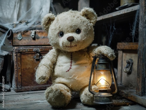 Stuffed bear sits holding lit lantern. Old wooden boxes, shelf, and cobwebs are in the background. AI.