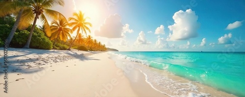 Bathed in golden sunlight, a pristine Miami Beach scene unfolds Turquoise waters gently lap the shore, under a cloudless sky Perfect for travel and vacation themes , beach, miami beach