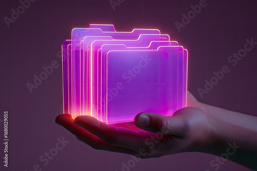 Hand holds glowing holographic file folders